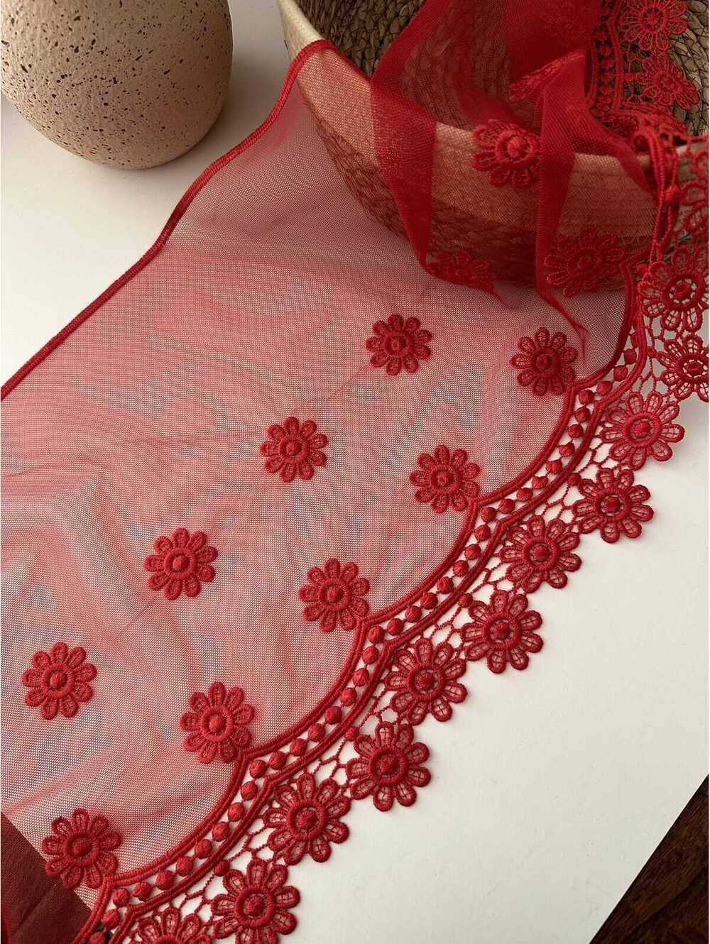 3Yds Non-Stretch 11" Red Daisy Floral Mesh Embroidered Lace Trim, Wholesale